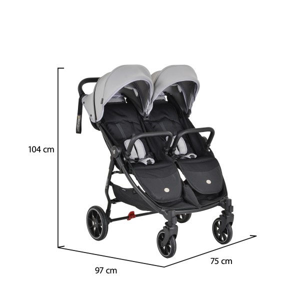 Carucior pliabil Gemeni Cangaroo 2Gether gray, 0-36 luni, 15 kg/copil, spatare reglabile, roti PU 360°