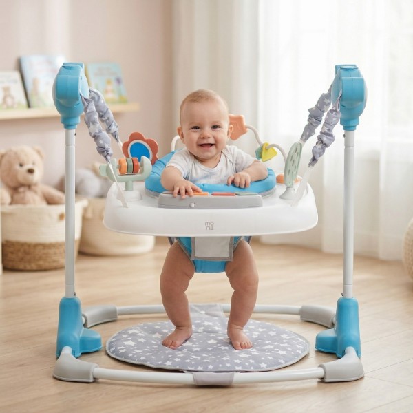Saritor Moni Hop Blue pentru copii, 6 luni+, 12 kg, scaun rotativ 360°, 3 niveluri inaltime, jucarii interactive, muzical