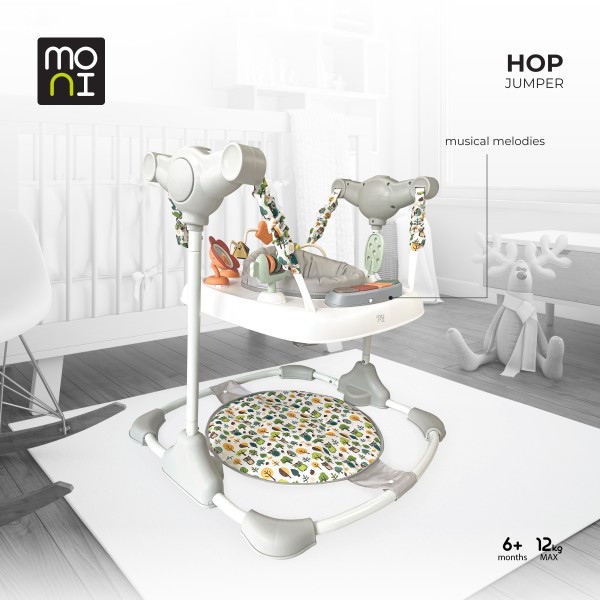 Saritor Moni Hop Grey pentru copii, 6 luni+, 12 kg, scaun rotativ 360°, 3 niveluri inaltime, jucarii interactive, muzical