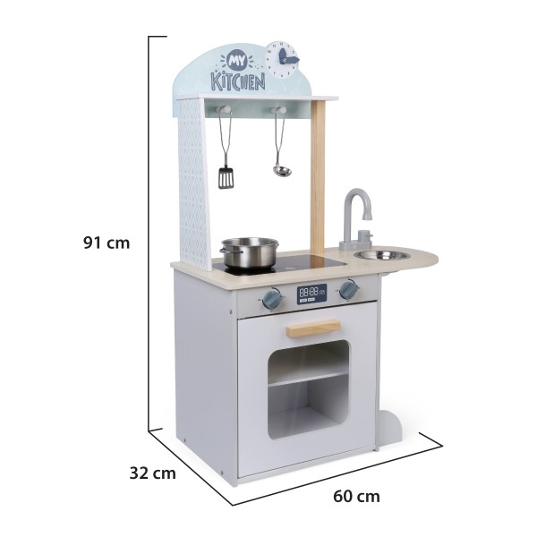 Bucatarie din lemn copii, Moni Toys, varsta 3 ani+, chiuveta, cuptor, ceas de joc si 4 accesorii