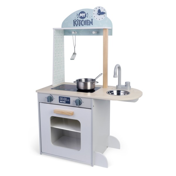 Bucatarie din lemn copii, Moni Toys, varsta 3 ani+, chiuveta, cuptor, ceas de joc si 4 accesorii