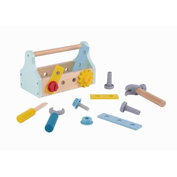 Set unelte din lemn copii, Tooky Toy, Varsta 3 ani+, 17 piese, cutie de scule, ciocan, surubelnita si accesorii