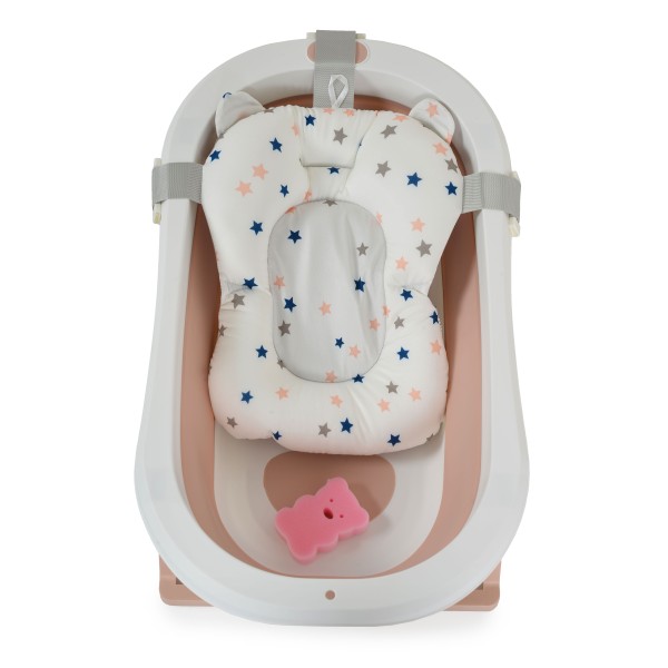 Cadita bebelusi pliabila Set baie 3 piese Moni Palma Pink, covoras si burete, 0 luni+, antiderapanta
