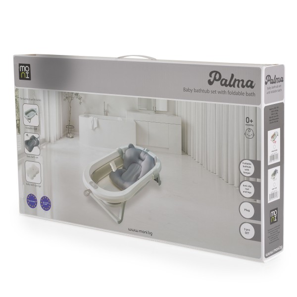 Cadita bebelusi pliabila Set baie 3 piese Moni Palma Grey, covoras si burete, 0 luni+, antiderapanta