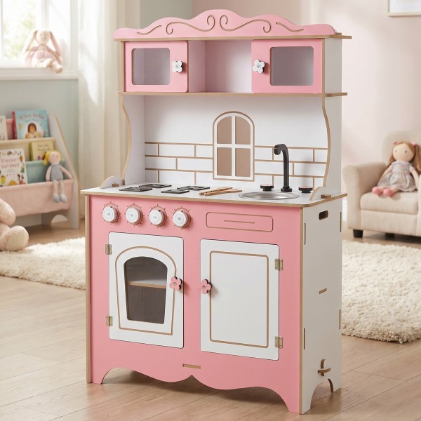 Bucătărie de Joacă din Lemn Moni Toys Rosey, Plită, Cuptor, Chiuvetă, Dulapuri cu Uși, Ustensile Incluse, 3 Ani+