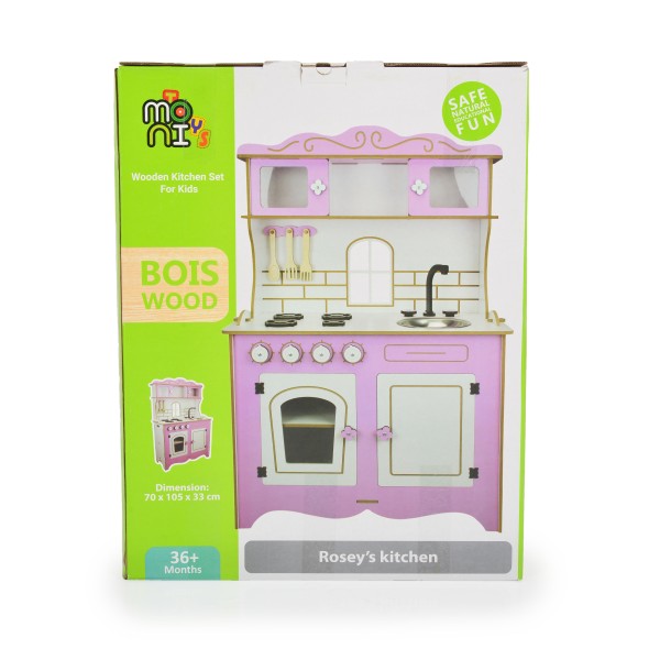 Bucătărie de Joacă din Lemn Moni Toys Rosey, Plită, Cuptor, Chiuvetă, Dulapuri cu Uși, Ustensile Incluse, 3 Ani+