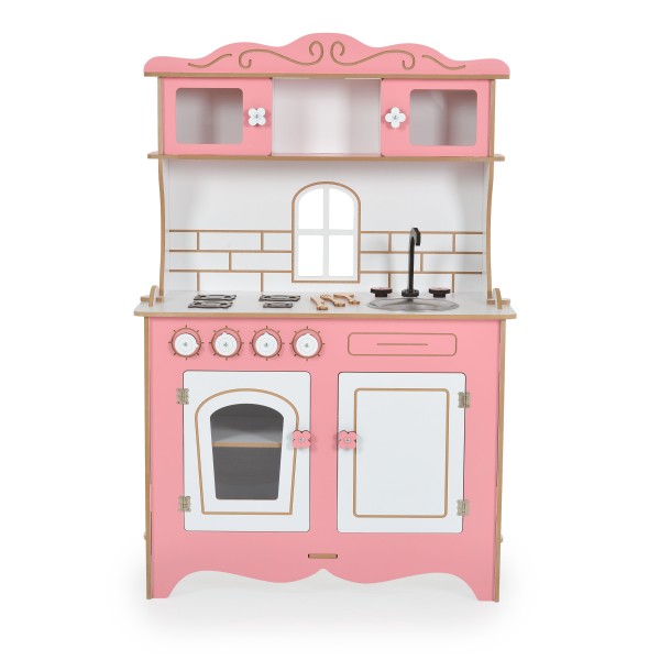 Bucătărie de Joacă din Lemn Moni Toys Rosey, Plită, Cuptor, Chiuvetă, Dulapuri cu Uși, Ustensile Incluse, 3 Ani+