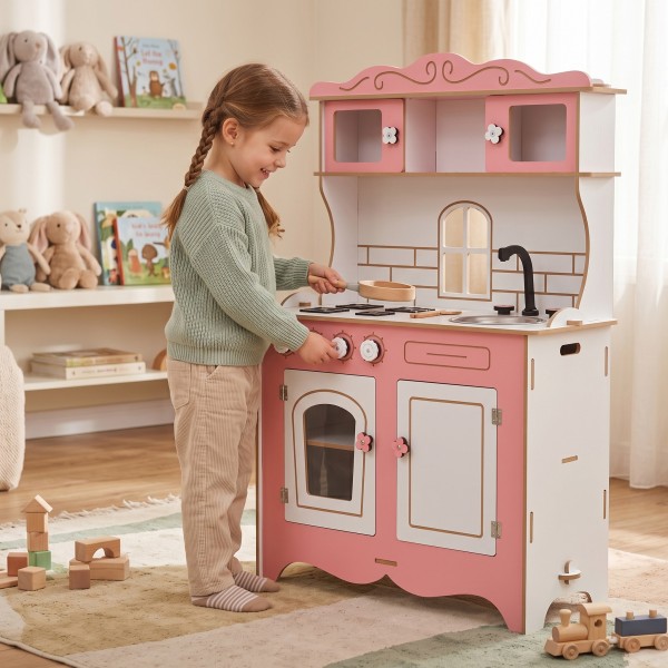 Bucătărie de Joacă din Lemn Moni Toys Rosey, Plită, Cuptor, Chiuvetă, Dulapuri cu Uși, Ustensile Incluse, 3 Ani+