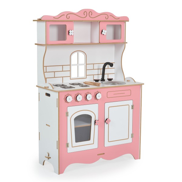 Bucătărie de Joacă din Lemn Moni Toys Rosey, Plită, Cuptor, Chiuvetă, Dulapuri cu Uși, Ustensile Incluse, 3 Ani+