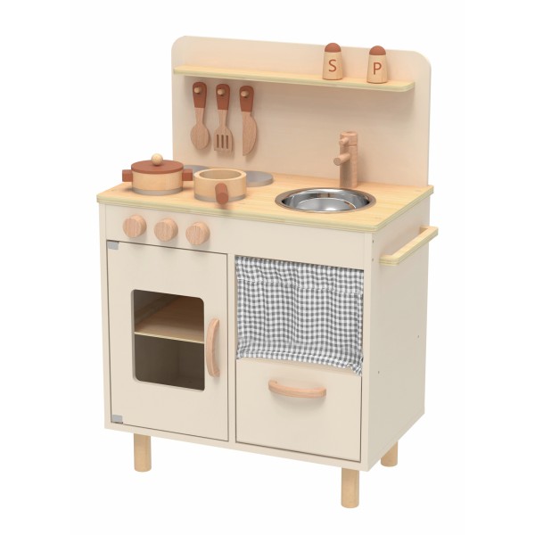 Bucătărie de Joacă Vintage Tooky Toy, Plite cu Butoane Rotative, Chiuvetă Metalică, Perdea Decorativă, Accesorii din Lemn Incluse, 3 Ani+