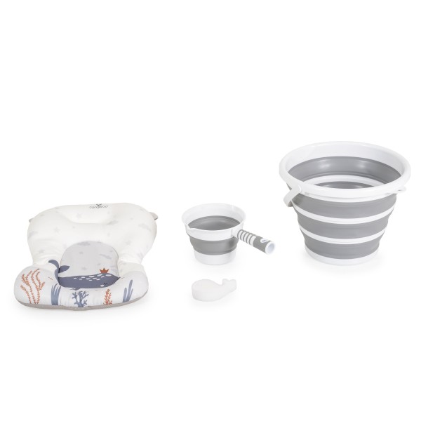 Set Cădiță Pliabilă Cangaroo Balena Grey, Termometru LED 3 Culori, Cadă + Găleată + Stropitoare + Covoraș, Antiderapant, 0 Luni+
