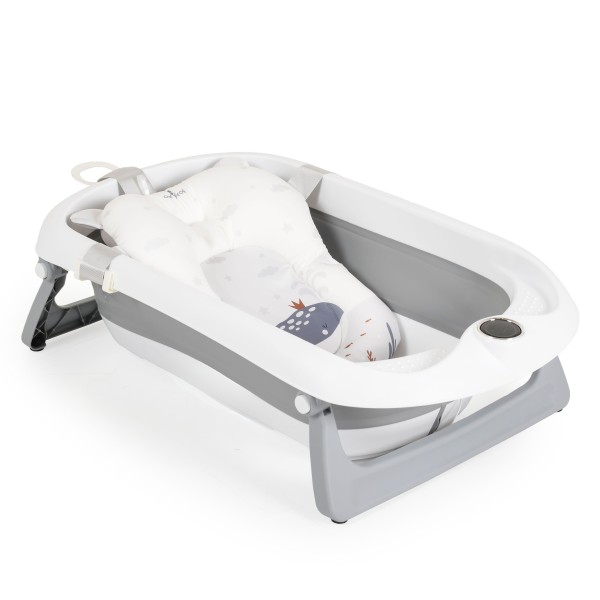 Set Cădiță Pliabilă Cangaroo Balena Grey, Termometru LED 3 Culori, Cadă + Găleată + Stropitoare + Covoraș, Antiderapant, 0 Luni+