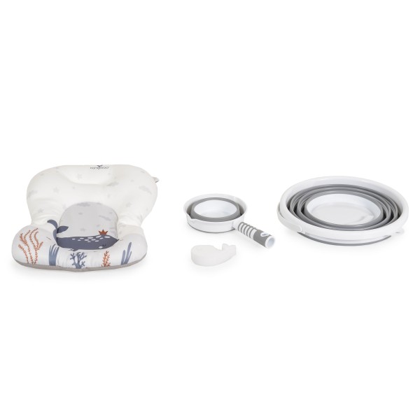 Set Cădiță Pliabilă Cangaroo Balena Grey, Termometru LED 3 Culori, Cadă + Găleată + Stropitoare + Covoraș, Antiderapant, 0 Luni+