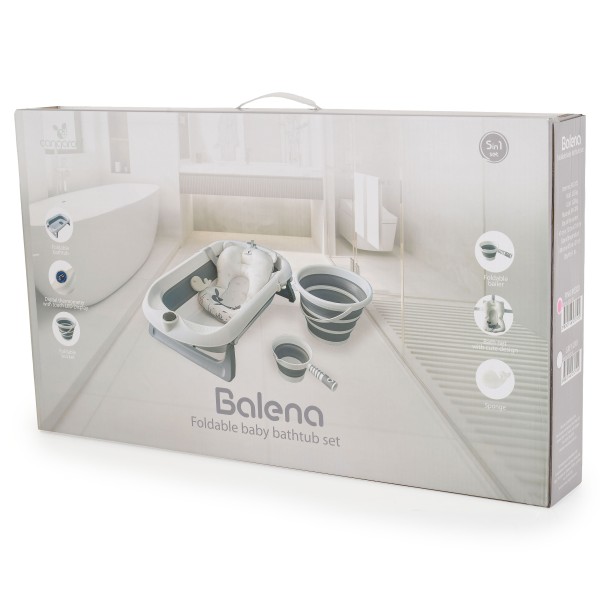 Set Cădiță Pliabilă Cangaroo Balena Grey, Termometru LED 3 Culori, Cadă + Găleată + Stropitoare + Covoraș, Antiderapant, 0 Luni+