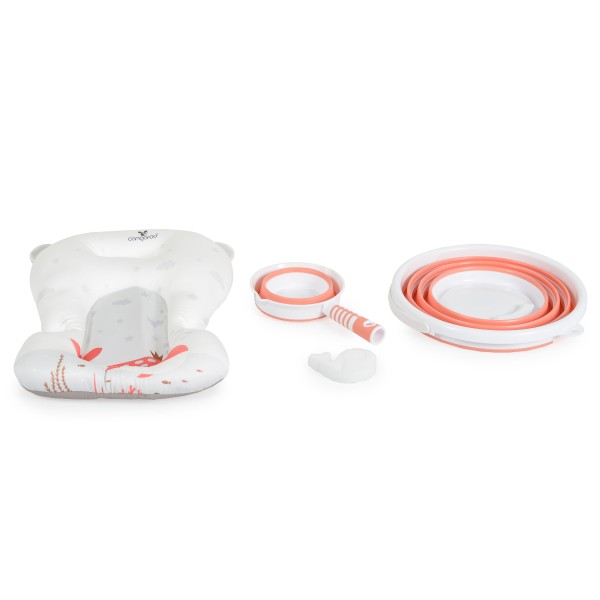 Set Cădiță Pliabilă Cangaroo Balena Pink, Termometru LED 3 Culori, Cadă + Găleată + Stropitoare + Covoraș, Antiderapant, 0 Luni+