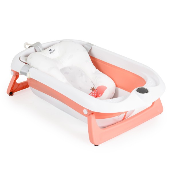 Set Cădiță Pliabilă Cangaroo Balena Pink, Termometru LED 3 Culori, Cadă + Găleată + Stropitoare + Covoraș, Antiderapant, 0 Luni+