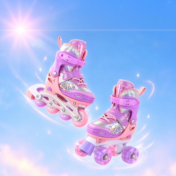 Patine Reglabile 2în1 Mărimea M (34-37)  Byox Double Flower, Mod Role + Mod Skate, Roți LED PU, Rulmenți ABEC-5, Frână