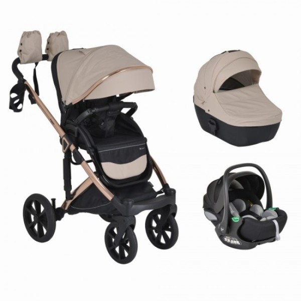 Cărucior 3în1 Cangaroo Eggo Sand Beige, Piele Eco UV50+, Scaun Reversibil, Scaun Auto i-Size R129, Amortizor Lateral, 0-22 kg