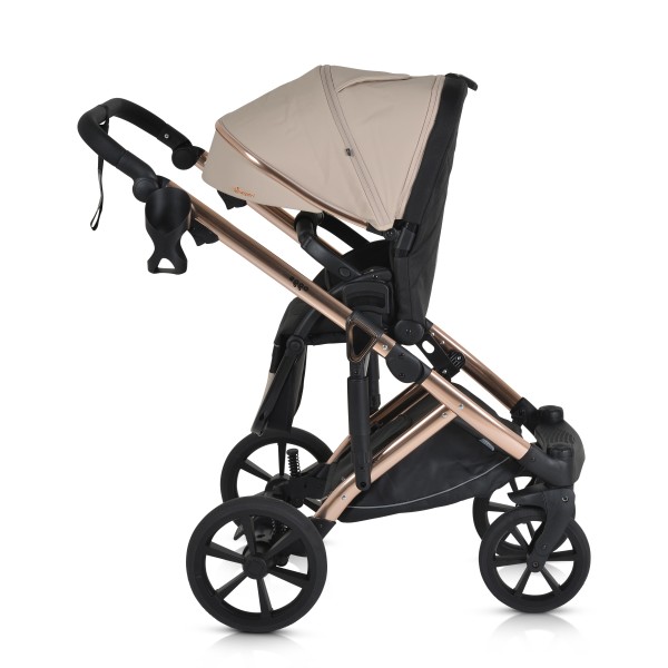 Cărucior 3în1 Cangaroo Eggo Sand Beige, Piele Eco UV50+, Scaun Reversibil, Scaun Auto i-Size R129, Amortizor Lateral, 0-22 kg