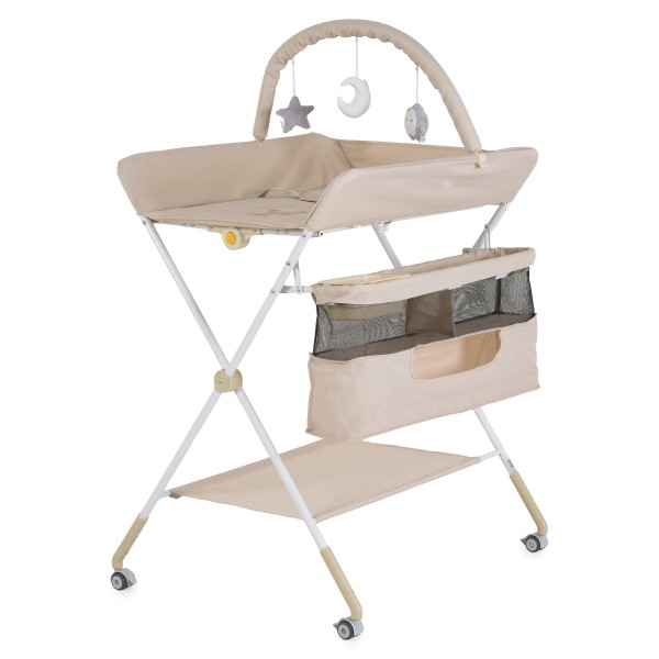 Masă de Înfășat Multifuncțională Moni Kaskada Beige, 5 Poziții Înălțime, Arc Jucării Detașabil, Organizator, 4 Roți cu Frâne, 0-15 kg