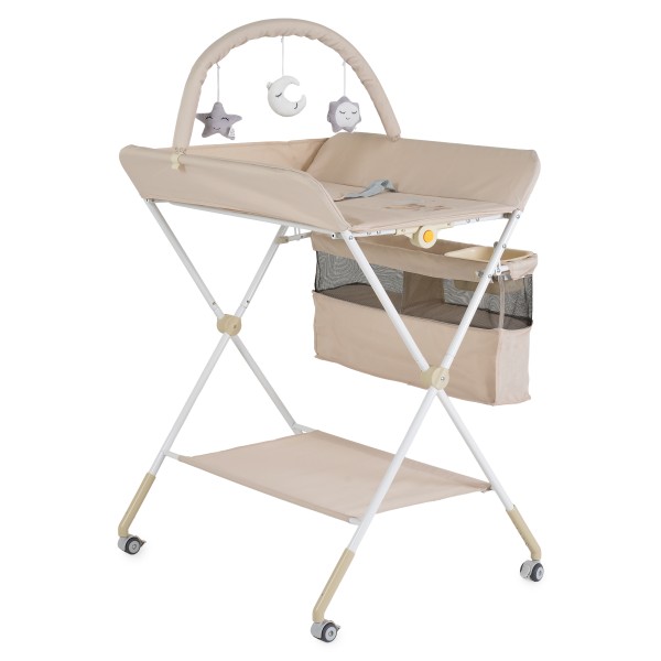 Masă de Înfășat Multifuncțională Moni Kaskada Beige, 5 Poziții Înălțime, Arc Jucării Detașabil, Organizator, 4 Roți cu Frâne, 0-15 kg