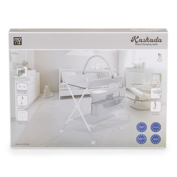 Masă de Înfășat Multifuncțională Moni Kaskada Grey, 5 Poziții Înălțime, Arc Jucării Detașabil, Organizator, 4 Roți cu Frâne, 0-15 kg