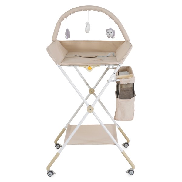 Masă de Înfășat Multifuncțională Moni Kaskada Beige, 5 Poziții Înălțime, Arc Jucării Detașabil, Organizator, 4 Roți cu Frâne, 0-15 kg