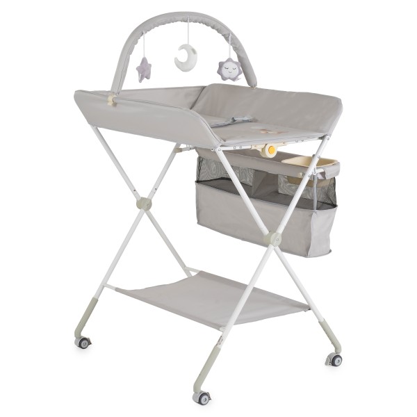 Masă de Înfășat Multifuncțională Moni Kaskada Grey, 5 Poziții Înălțime, Arc Jucării Detașabil, Organizator, 4 Roți cu Frâne, 0-15 kg