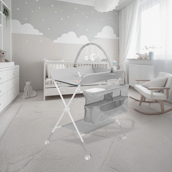 Masă de Înfășat Multifuncțională Moni Kaskada Grey, 5 Poziții Înălțime, Arc Jucării Detașabil, Organizator, 4 Roți cu Frâne, 0-15 kg