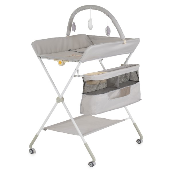 Masă de Înfășat Multifuncțională Moni Kaskada Grey, 5 Poziții Înălțime, Arc Jucării Detașabil, Organizator, 4 Roți cu Frâne, 0-15 kg