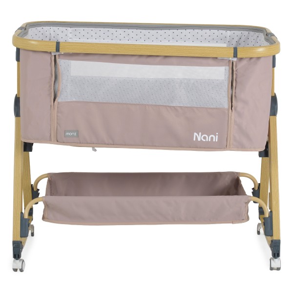Pătuț Bebeluși Moni Nani 2în1 Nougat, Co-sleeping, 6 Poziții Înălțime, Funcție Legănare, Antireflux, Saltea și Plasă Insecte Incluse