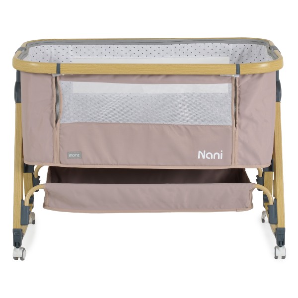 Pătuț Bebeluși Moni Nani 2în1 Nougat, Co-sleeping, 6 Poziții Înălțime, Funcție Legănare, Antireflux, Saltea și Plasă Insecte Incluse