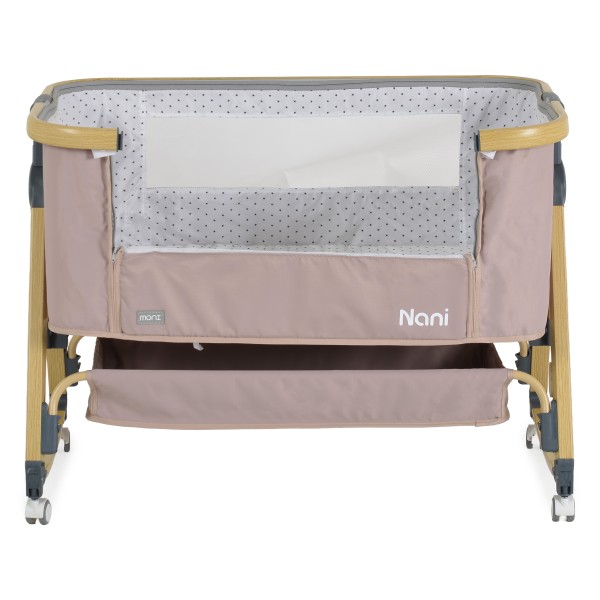 Pătuț Bebeluși Moni Nani 2în1 Nougat, Co-sleeping, 6 Poziții Înălțime, Funcție Legănare, Antireflux, Saltea și Plasă Insecte Incluse