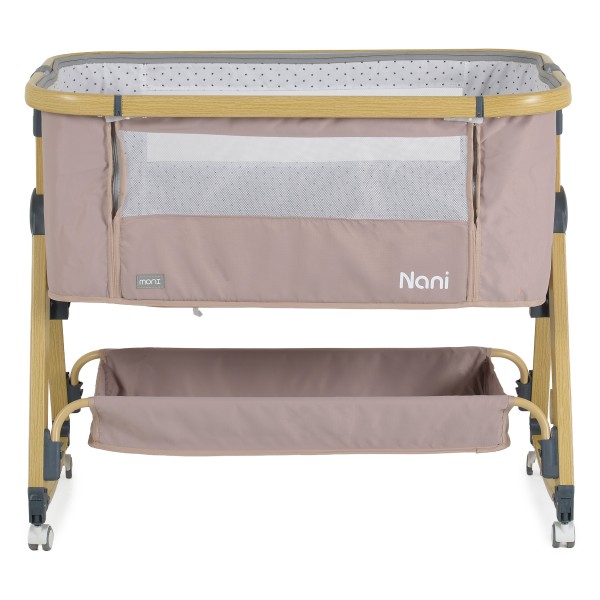 Pătuț Bebeluși Moni Nani 2în1 Nougat, Co-sleeping, 6 Poziții Înălțime, Funcție Legănare, Antireflux, Saltea și Plasă Insecte Incluse