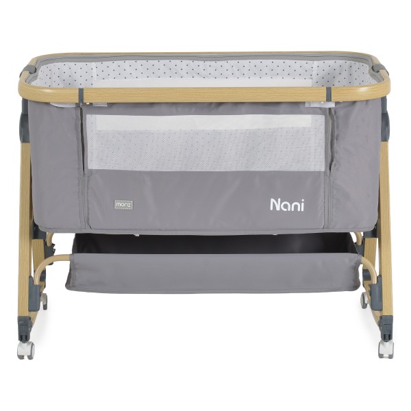 Pătuț Bebeluși Moni Nani 2în1 Grey, Co-sleeping, 6 Poziții Înălțime, Funcție Legănare, Antireflux, Saltea și Plasă Insecte Incluse