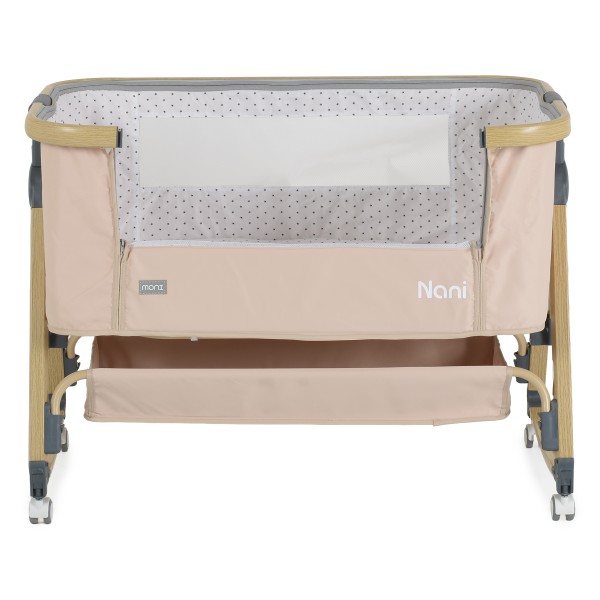 Pătuț Bebeluși Moni Nani 2în1 Beige, Co-sleeping, 6 Poziții Înălțime, Funcție Legănare, Antireflux, Saltea și Plasă Insecte Incluse