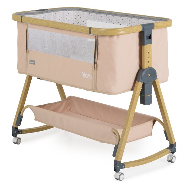 Pătuț Bebeluși Moni Nani 2în1 Beige, Co-sleeping, 6 Poziții Înălțime, Funcție Legănare, Antireflux, Saltea și Plasă Insecte Incluse