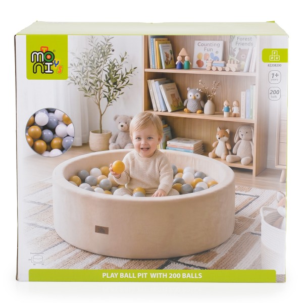 Piscină cu Bile Moni Toys Grey, 200 Bile Colorate Incluse, Fund Moale, Husă Lavabilă cu Fermoar, Diametru 80 cm Interior, 12 Luni+