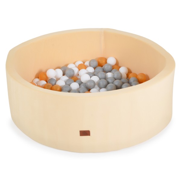 Piscină cu Bile Moni Toys Beige, 200 Bile Colorate Incluse, Fund Moale, Husă Lavabilă cu Fermoar, Diametru 80 cm Interior, 12 Luni+