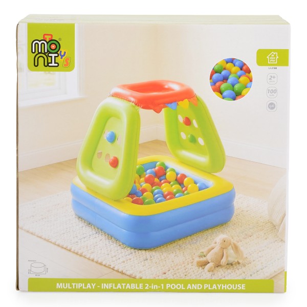 Piscină Gonflabilă cu Bile 2în1 Moni Toys, Căsuță de Joacă, 100 Bile Colorate 6 cm, Interior și Exterior, 2 Ani+