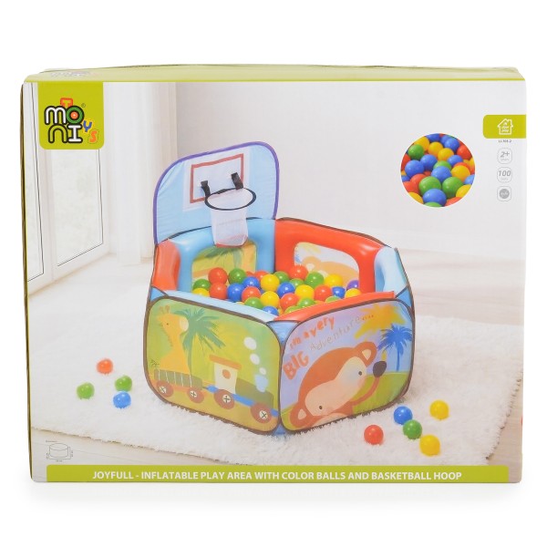 Piscină Gonflabilă cu Bile Moni Toys Joyfull, Coș Baschet Încorporat, 100 Bile Colorate 6 cm, Interior și Exterior, 2 Ani+