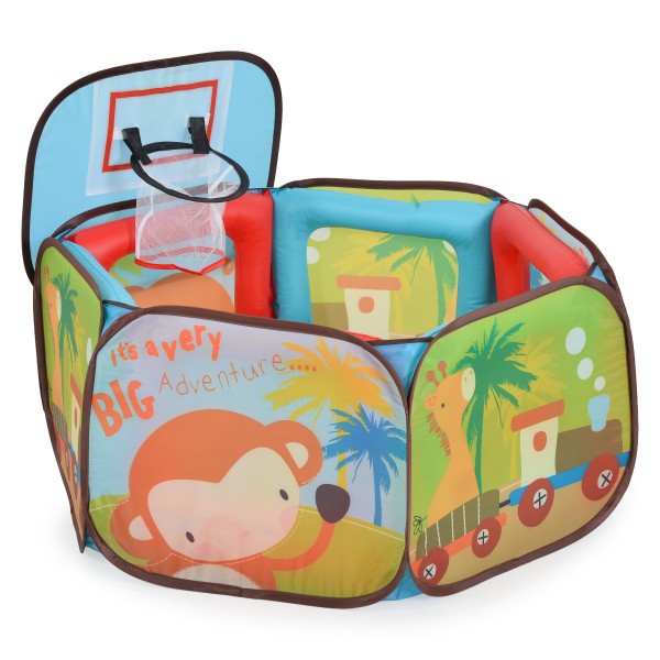 Piscină Gonflabilă cu Bile Moni Toys Joyfull, Coș Baschet Încorporat, 100 Bile Colorate 6 cm, Interior și Exterior, 2 Ani+