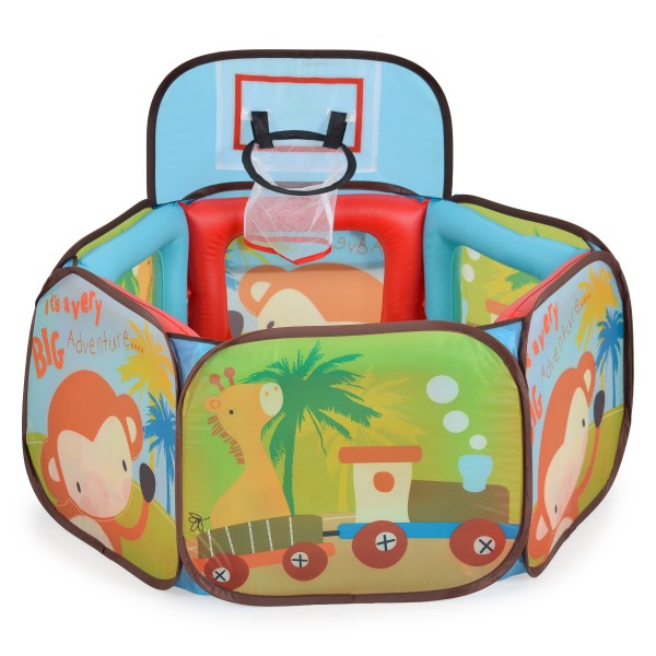 Piscină Gonflabilă cu Bile Moni Toys Joyfull, Coș Baschet Încorporat, 100 Bile Colorate 6 cm, Interior și Exterior, 2 Ani+