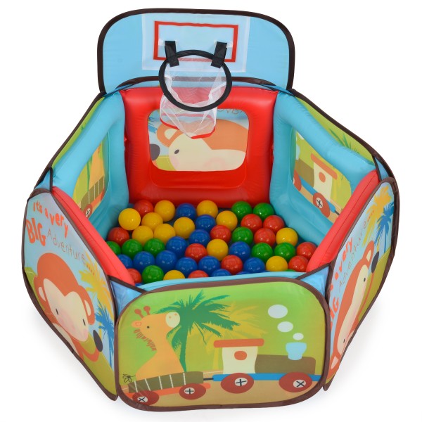 Piscină Gonflabilă cu Bile Moni Toys Joyfull, Coș Baschet Încorporat, 100 Bile Colorate 6 cm, Interior și Exterior, 2 Ani+