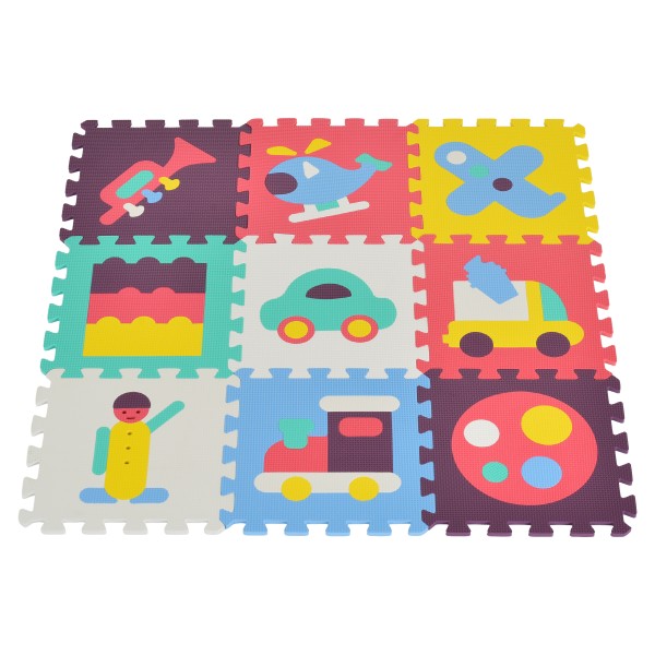 Covoraș Puzzle din Spumă EVA Moni Toys Traffic, 9 Piese cu Vehicule Colorate, 86x86 cm Asamblat, 10 Luni+