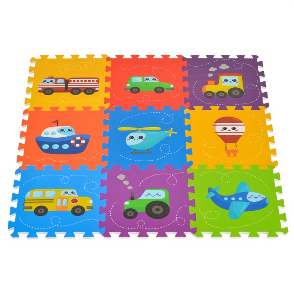 Covoraș Puzzle din Spumă EVA Moni Toys cu Vehicule, 9 Piese, Ilustrații Luminoase, 86x86 cm Asamblat, 10 Luni+