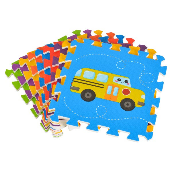 Covoraș Puzzle din Spumă EVA Moni Toys cu Vehicule, 9 Piese, Ilustrații Luminoase, 86x86 cm Asamblat, 10 Luni+
