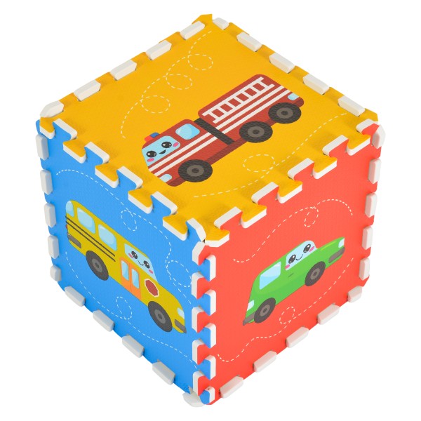 Covoraș Puzzle din Spumă EVA Moni Toys cu Vehicule, 9 Piese, Ilustrații Luminoase, 86x86 cm Asamblat, 10 Luni+