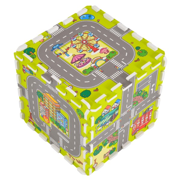 Covoraș Puzzle din Spumă EVA Moni Toys cu Drumuri, 9 Piese, Hartă Oraș cu Drumuri și Clădiri, 90,5x90,5 cm, 10 Luni+