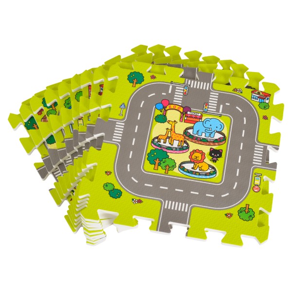 Covoraș Puzzle din Spumă EVA Moni Toys cu Drumuri, 9 Piese, Hartă Oraș cu Drumuri și Clădiri, 90,5x90,5 cm, 10 Luni+
